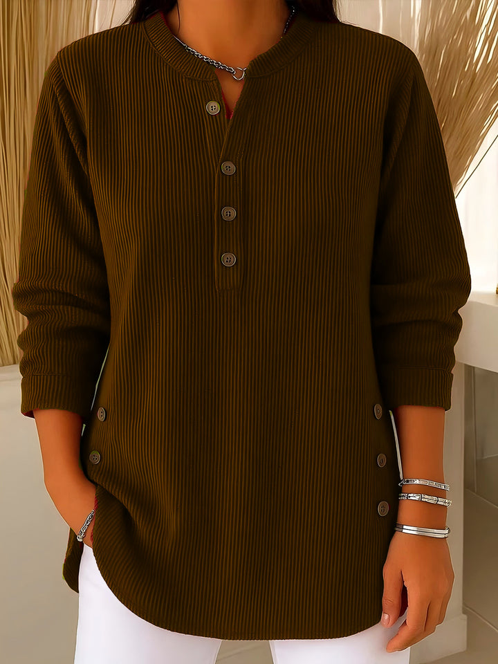 Damen nan plissee Tunika-Bluse mit Stehkragen, Knopfleiste und seitlichen Zierknöpfen Drune