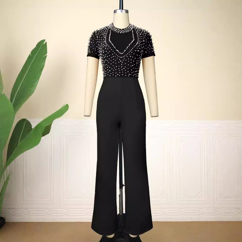 Damen eleganter Jumpsuit mit glitzernden Perlenakzenten Drune