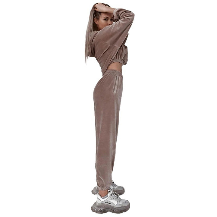 Damen Lässiges Velours Sportset mit cropped Oberteil und elastischer Hose Drune