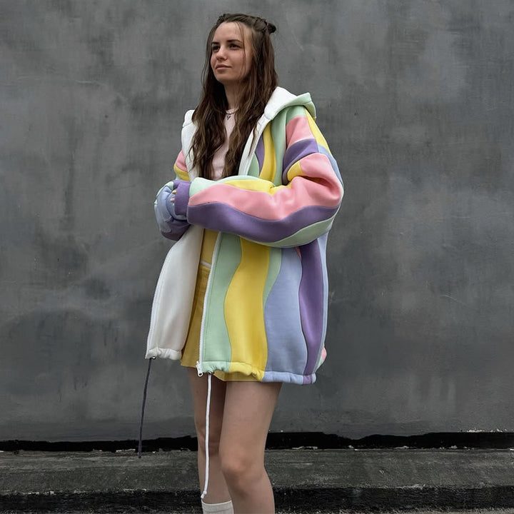 Damen Oversized Kapuzenjacke mit farbenfrohem Wellenmuster Drune