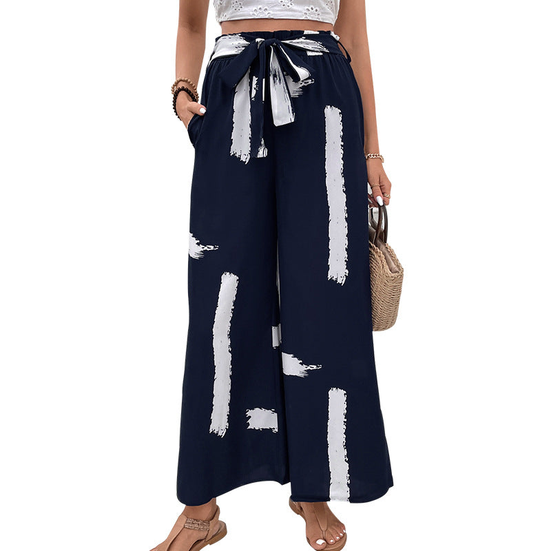 Damen Weite Palazzo-Hose mit modischem Bindegürtel und grafischem Muster Drune
