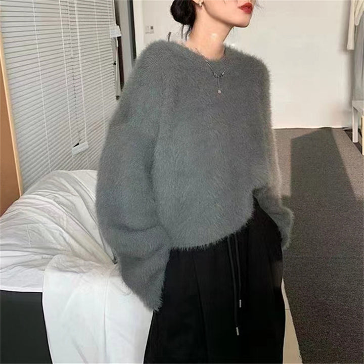 Damen Flauschiger Pullover mit lässigem Schnitt und hohem Rundhalsausschnitt Drune