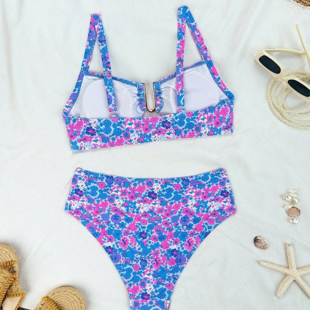 Damen Sportlicher Bikini mit floralen Mustern und Metallakzenten Drune