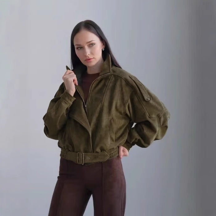 Damen Stilvolle Kurzjacke mit Gürtel und asymmetrischem Schnitt Drune