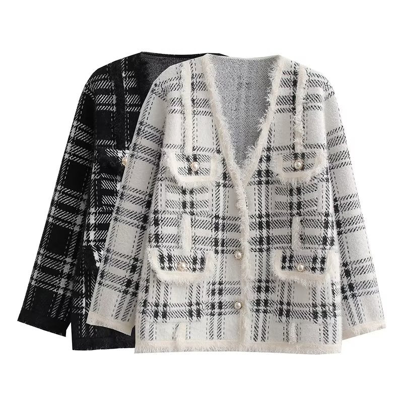 Damen modische Langenjacke mit Karomuster und eleganten Knopfdetails Drune