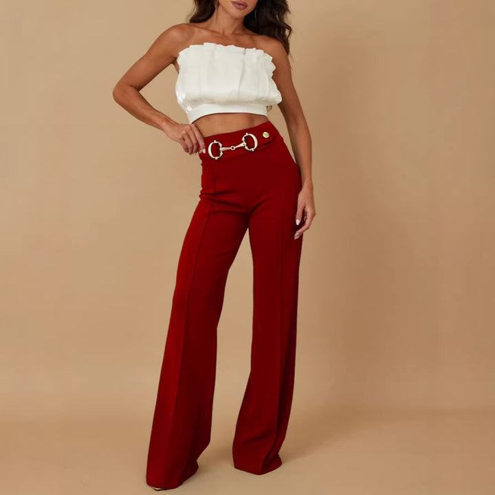 Damen weite Hochtaillenhose mit dekorativem Gürtel und eleganter Nahtführung Drune