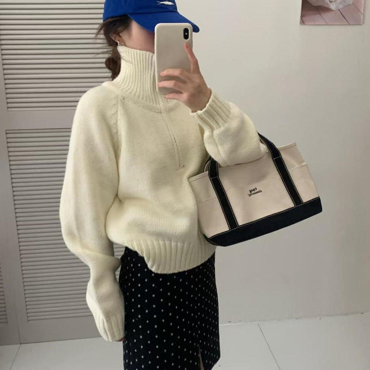 Damen Modischer Strickpullover mit hohem Kragen und Reißverschluss Drune