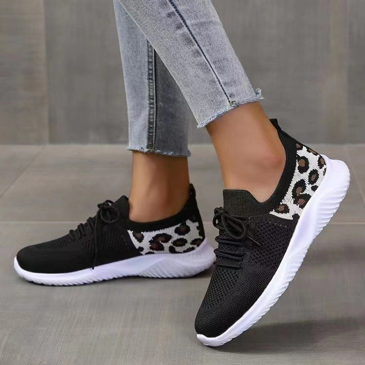 Damen nan atmungsaktiver Strick-Sneaker mit elastischem Einstieg, gepolstertem Komfortfußbett und Animalprint-Fersenbesatz Drune