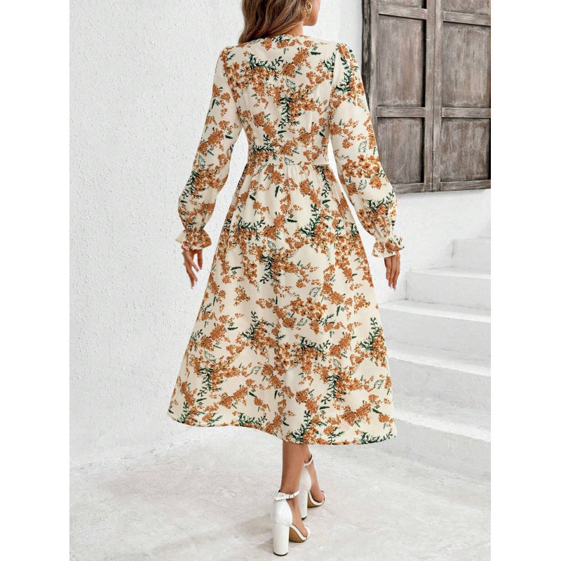 Damen Maxi-Kleid mit floralen Mustern und langem Arm Drune