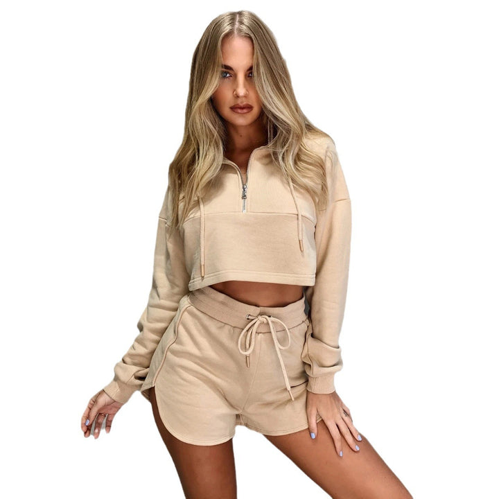 Damen nan kurz geschnittenes Kapuzenpullover-Set mit bauchfreiem Schnitt und elastischen Sweatshorts Drune