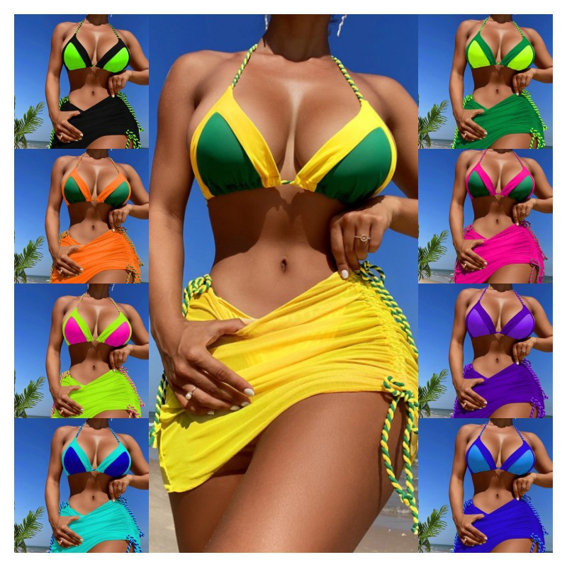 Damen Triangel-Bikini mit Wickelrock und Bänder Drune