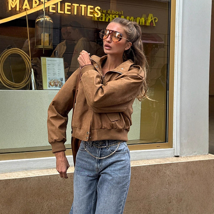 Damen lässige Kurzjacke mit voluminösen Ärmeln und Reißverschluss Drune