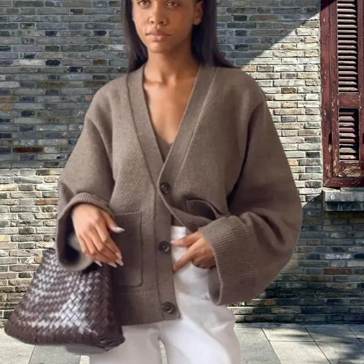 Damen Lässiger Strickjacke mit großen Taschen und offenem Schnitt Drune
