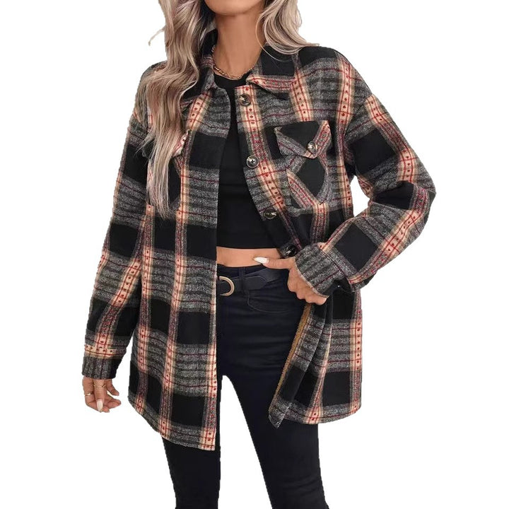 Damen Overshirtjacke mit karierter Textur und praktischen Taschen Drune