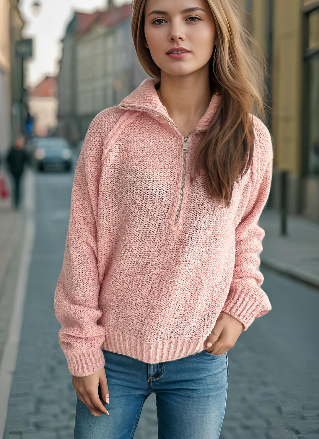 Damen gemütlicher Strickpullover mit hochschließendem Reißverschluss und oversized Ärmeln Drune