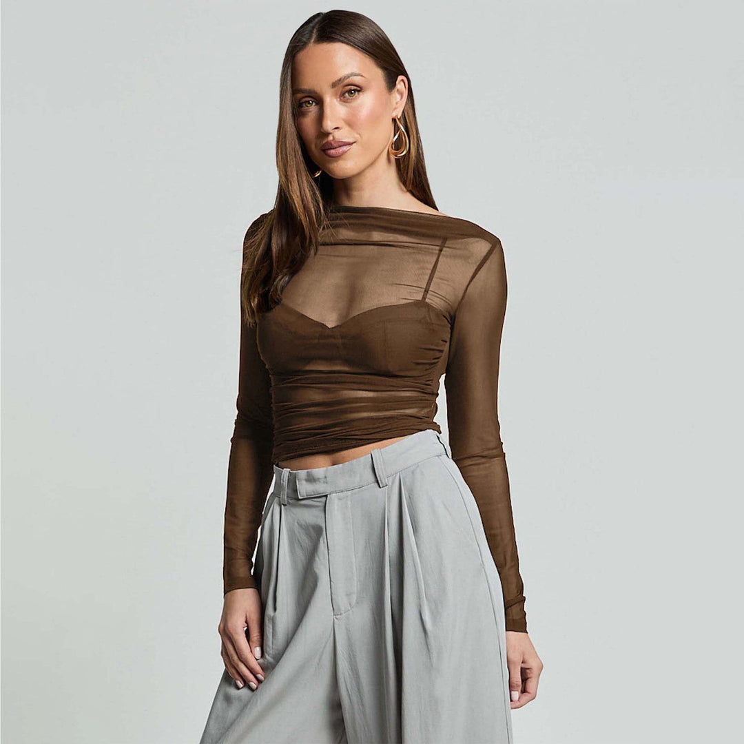 Damen Elegantes Langarmoberteil mit transparentem Mesh und Raffung Drune