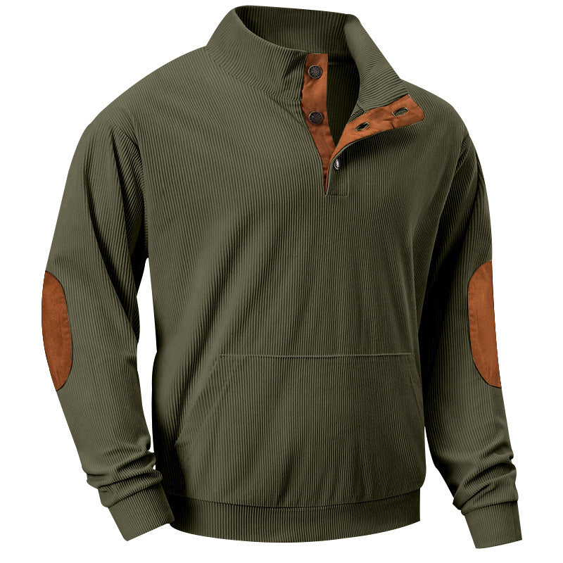 Herren nan strukturiertes Halbkragen-Sweatshirt mit Ellbogenpatches, Kängurutasche und feiner Rippstruktur Drune