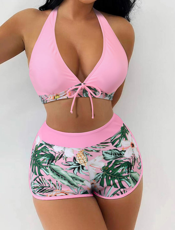 Damen Bikini-Set mit verspieltem Halter-Oberteil und sportlicher Shorts Drune