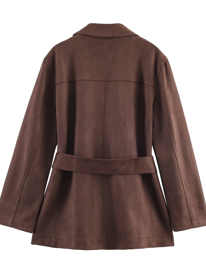 Damen eleganter Blazerjacke aus Kunstleder mit Taillengürtel Drune