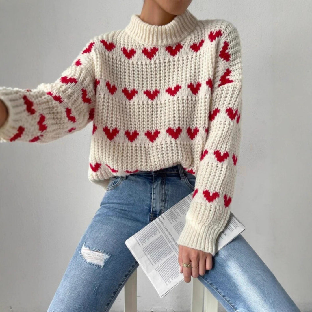 Damen Grobstrickpullover mit Herzmuster und Rollkragen Drune