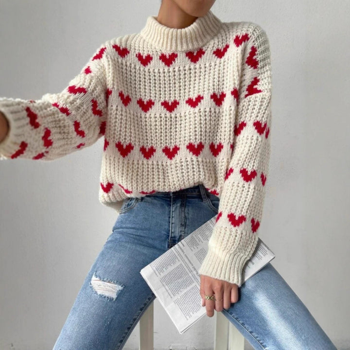 Damen Grobstrickpullover mit Herzmuster und Rollkragen Drune
