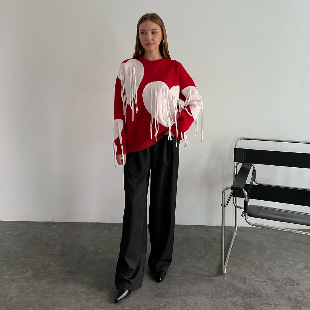 Damen modischer Pullover mit fröhlichem Herzdesign und kreativen Fransen Drune