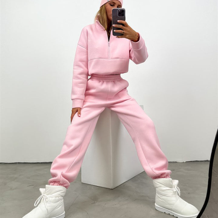 Damen nan cropped Half-Zip Fleece-Set zweiteilig mit hohem Bund und elastischen Bündchen Drune