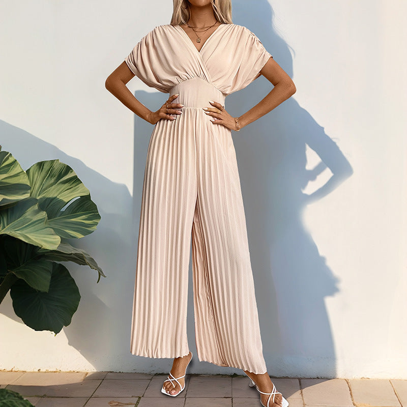 Damen Eleganter Jumpsuit mit tiefem V-Ausschnitt und voluminösen Ärmeln Drune