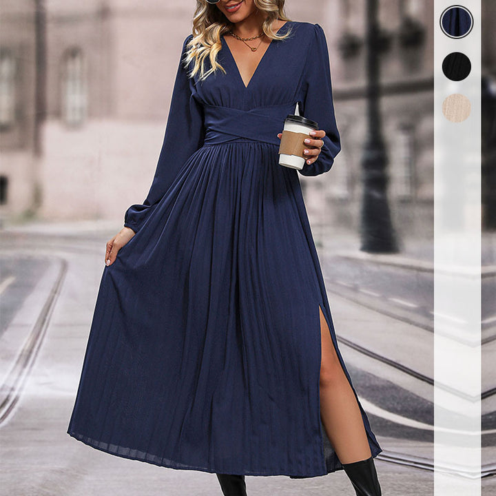Damen elegantes Maxikleid mit V-Ausschnitt und voluminösen Ärmeln Drune