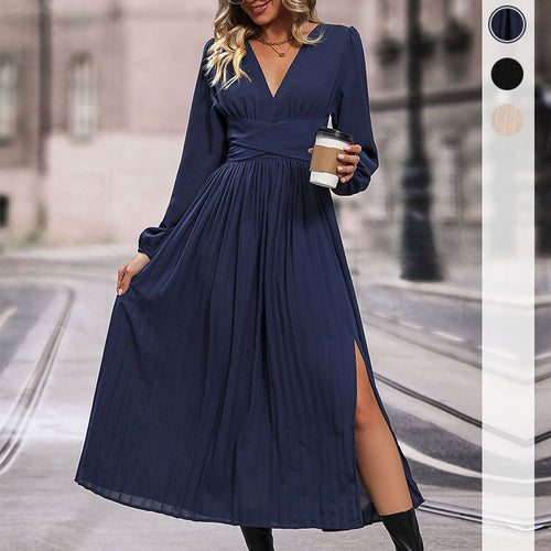 Damen elegantes Maxikleid mit V-Ausschnitt und voluminösen Ärmeln Drune