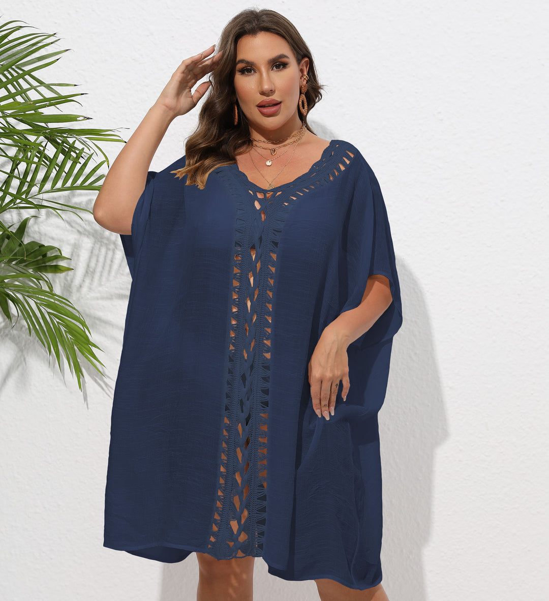 Damen Luftiger Strandkimono mit dekorativer Häkelspitze Drune