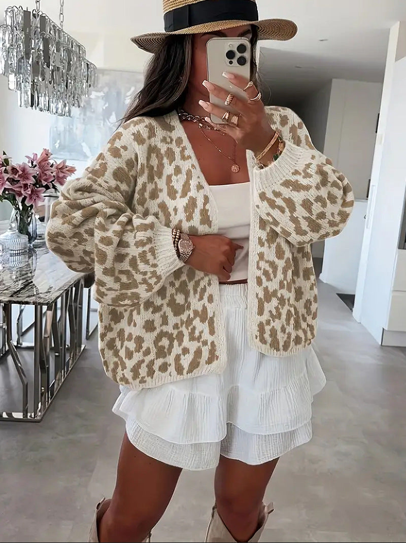 Damen grob gestrickter Cardigan mit stilvollem Leopardenmuster und bequemen Oversize-Details Drune