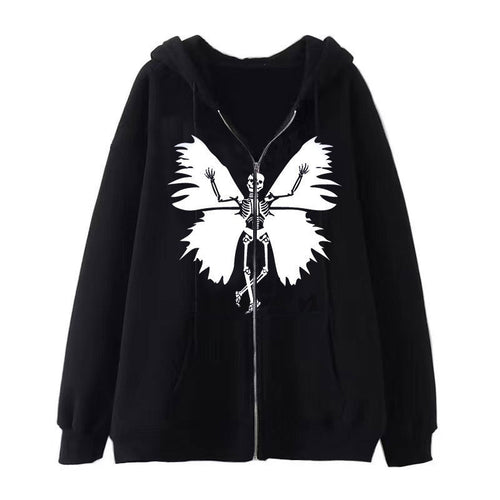 Damen Zip-Hoodie mit einzigartigem Skelett- und Schmetterlingsmotiv Drune