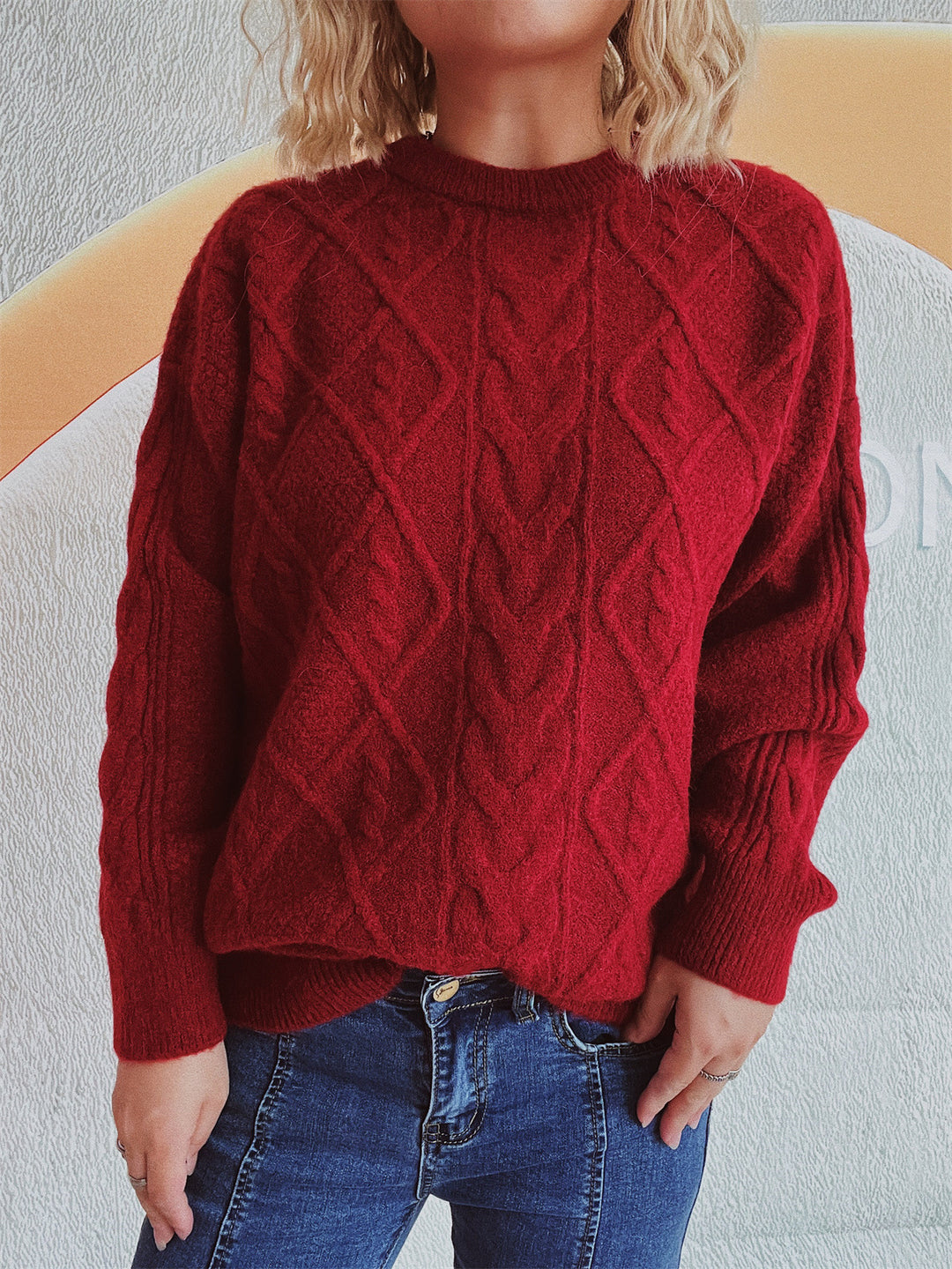 Damen Grobstrukturierter Strickpullover mit Zopf-Design Drune