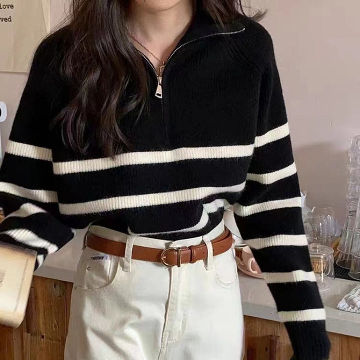 Damen modischer Pullover mit fundiertem Reißverschluss und Streifenmuster Drune