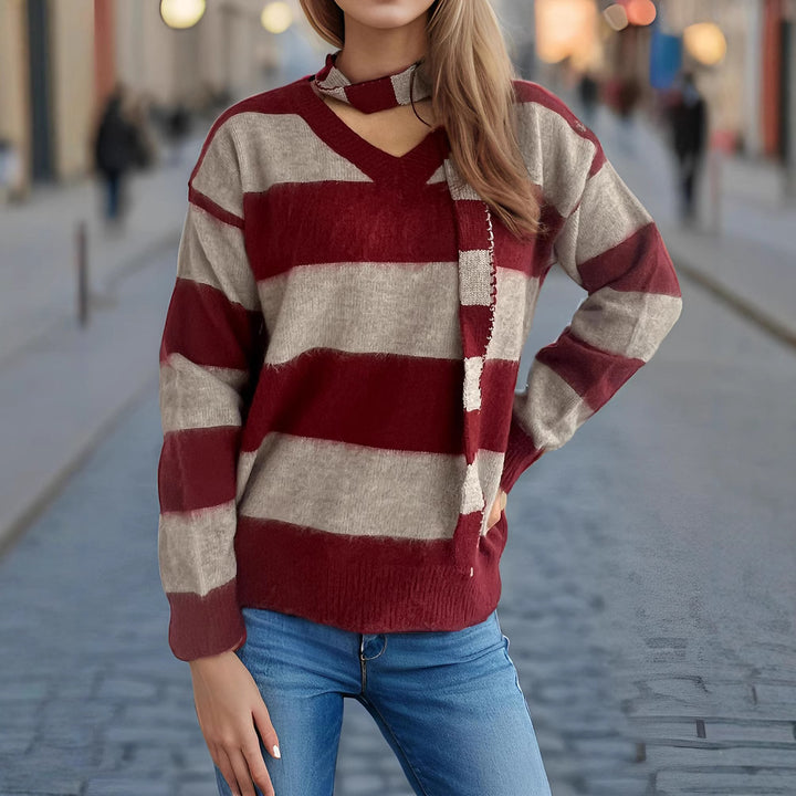 Damen lässiger Strickpullover mit modernem Streifenmuster und dekorativem Schal Drune