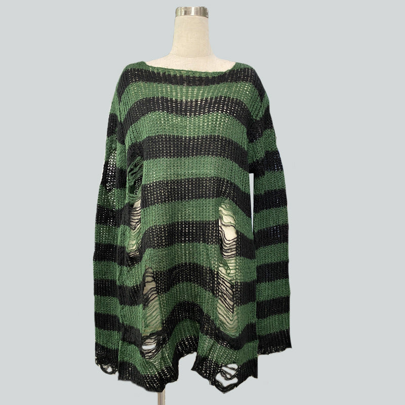 Damen nan Oversized Grobstrickpullover mit breiten Blockstreifen und aufgerissenem Design Drune