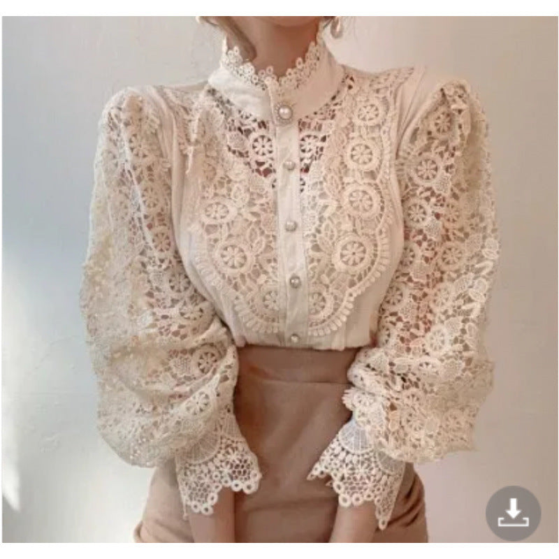 Damen elegante Spitze Bluse mit hohem Kragen Drune