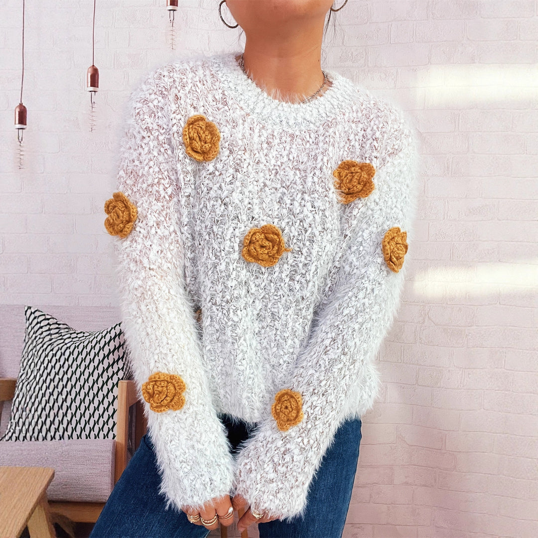 Damen kuscheliger Strickpullover mit floralem Detail Drune