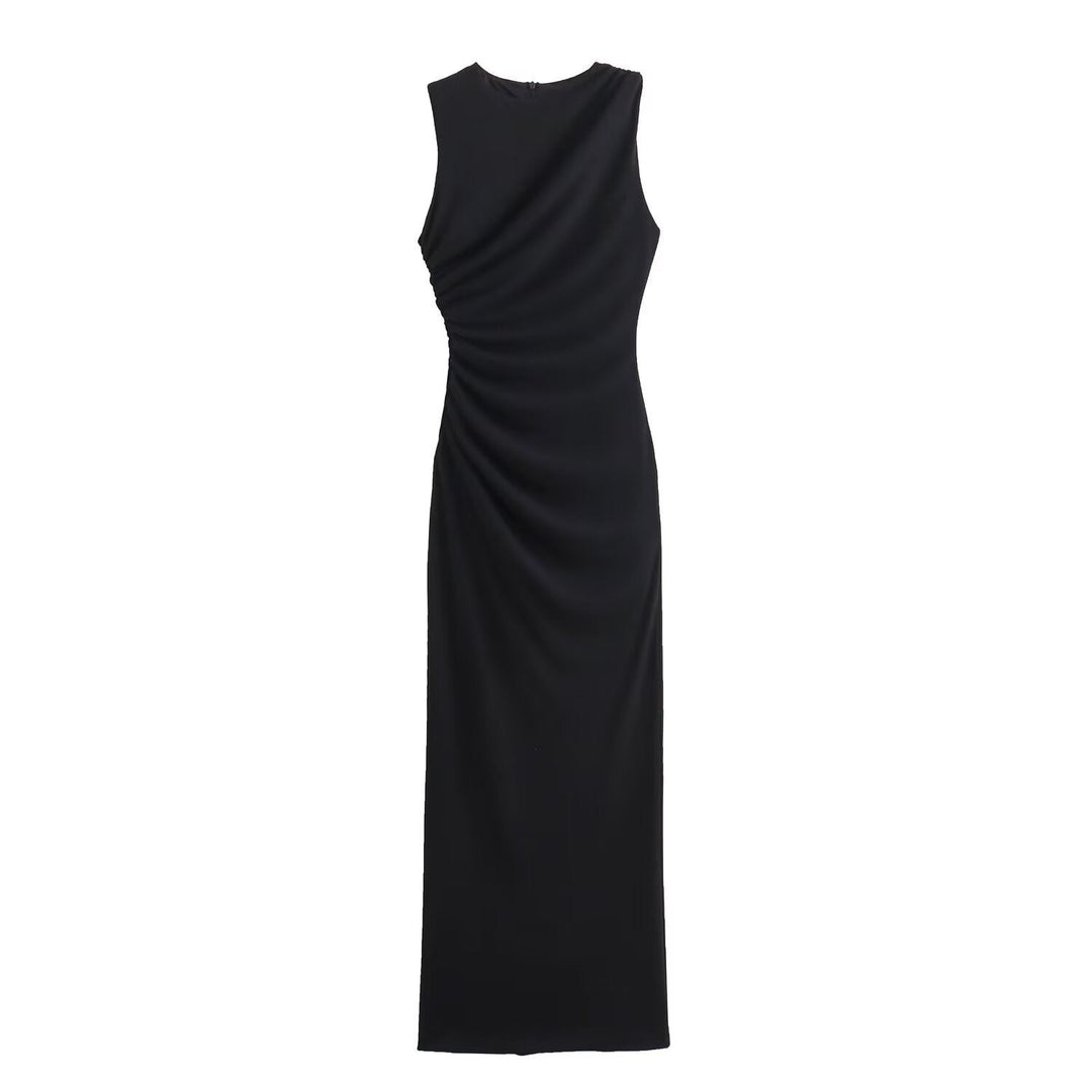 DruneMODE | Einfarbiges Rundhalsausschnitt Ärmelloses Faltendes Slim Fit Kleid