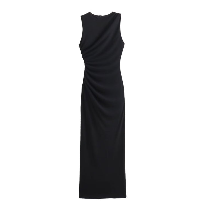 DruneMODE | Einfarbiges Rundhalsausschnitt Ärmelloses Faltendes Slim Fit Kleid