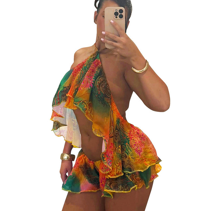Damen trendiges Set mit asymmetrischem Oberteil und Shorts Drune