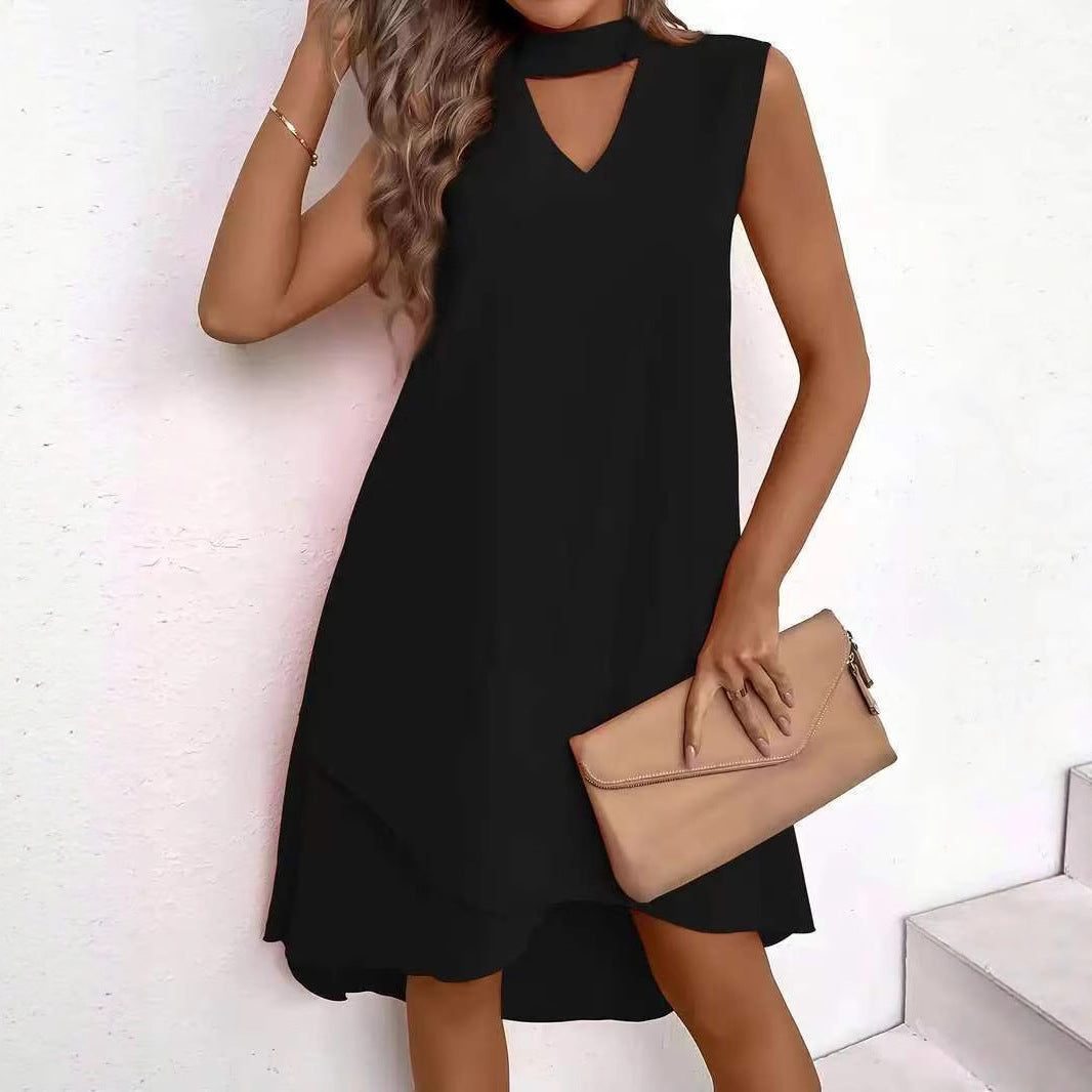 Damen asymmetrisches A-Linien Kleid mit schickem Schlüssellochausschnitt und fließendem Schnitt Drune