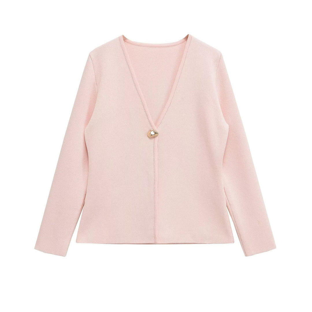 Damen elegante Strickjacke mit tiefem V-Ausschnitt und dekorativem Knopf Drune