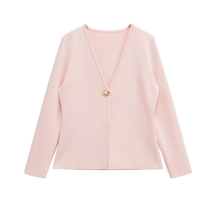 Damen elegante Strickjacke mit tiefem V-Ausschnitt und dekorativem Knopf Drune