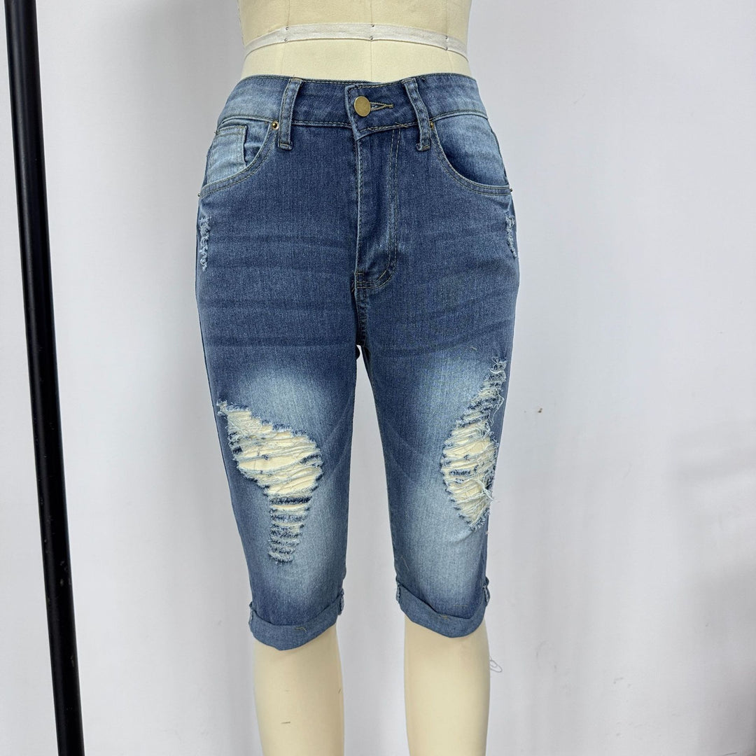 Damen Modische Destroyed Denim-Shorts mit Hohem Bund und Aufgerissenen Details Drune