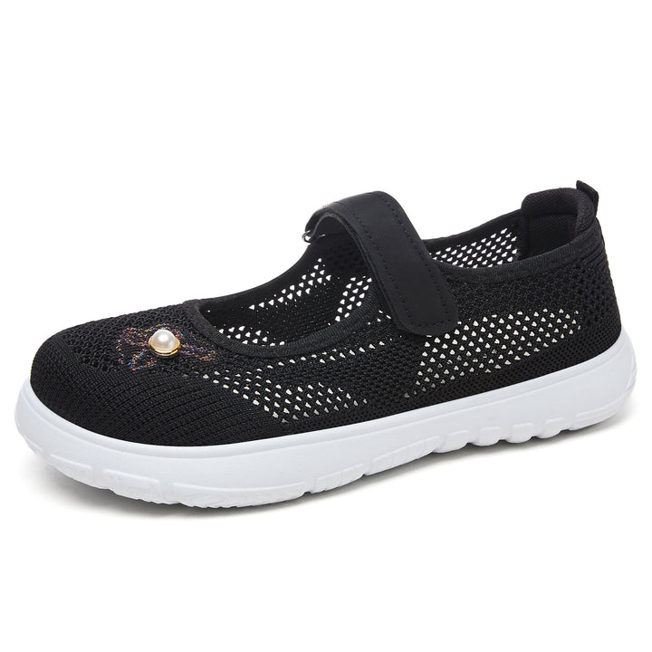 Damen nan gestrickter Mary-Jane-Sneaker mit Klettriemen, atmungsaktivem Strickoberteil, dekorativer Perlenapplikation und dämpfender EVA-Sohle Drune