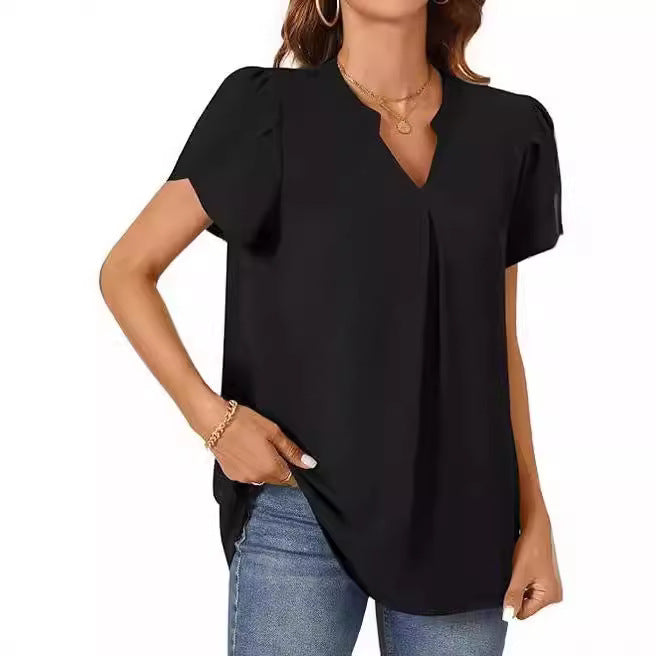 Damen Bluse mit eleganter V-Ausschnitt-Detail und leichten Puffärmeln Drune