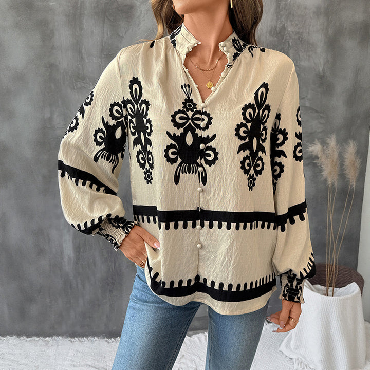 Damen Bluse mit botanischem Druck und Puffärmeln Drune