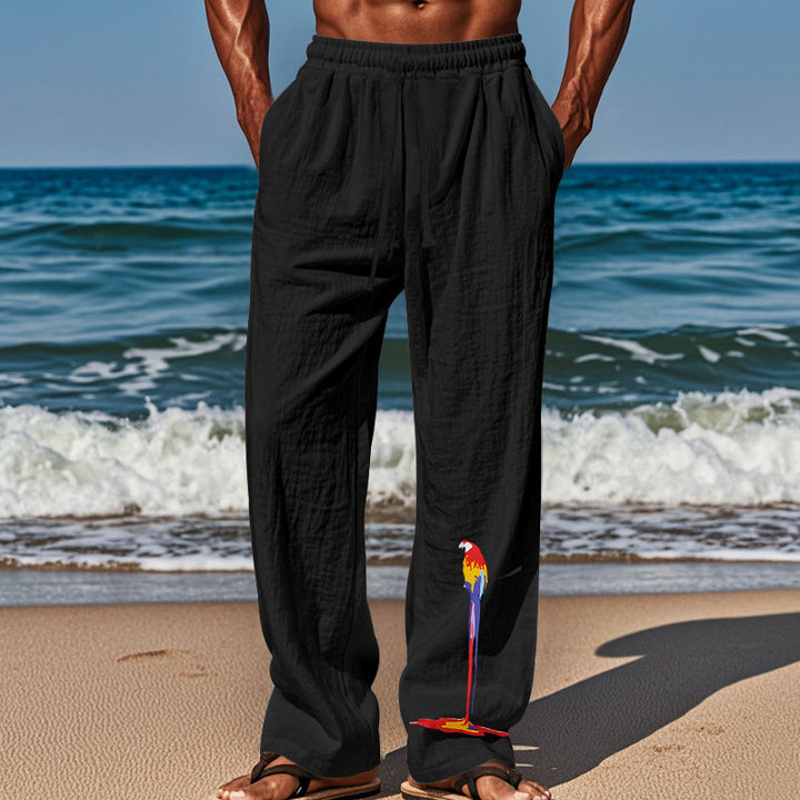 Herren nan lässige Leinen-Loungehose mit elastischem Komfortbund, Kordelzug, weitem Bein und dekorativer Papageien-Stickerei Drune
